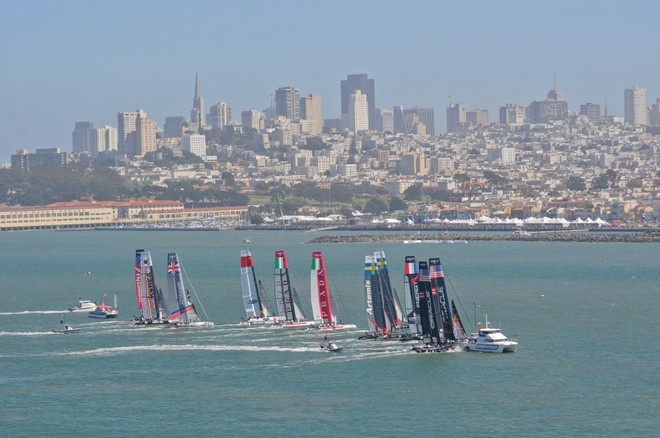 Oracle Racing Coutts - at the windward end of the line hits the Committee Boat - 1 © Christophe Favreau http://christophefavreau.photoshelter.com/